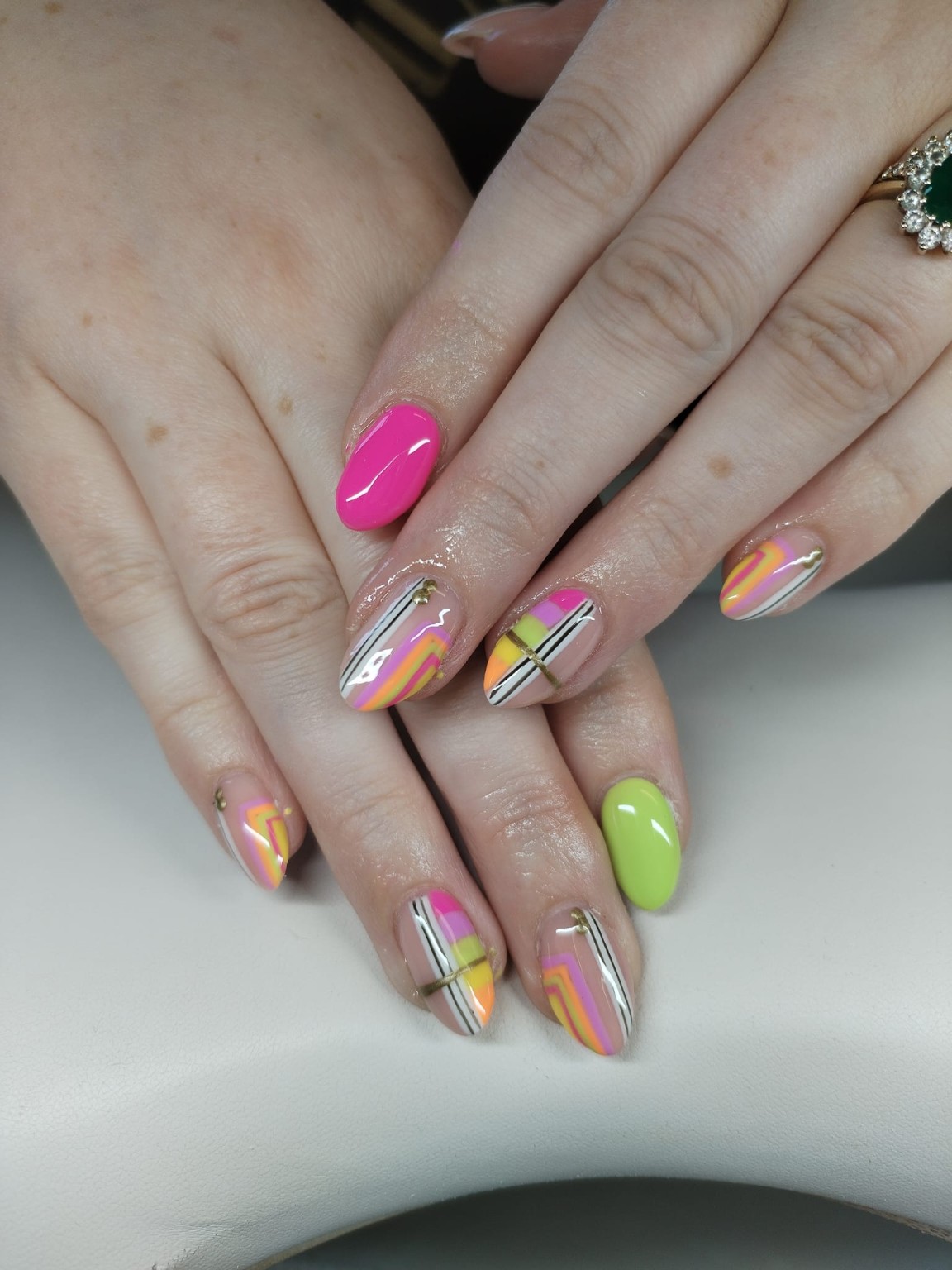 Bright pink, lime and geometric nail art by Moy Nails